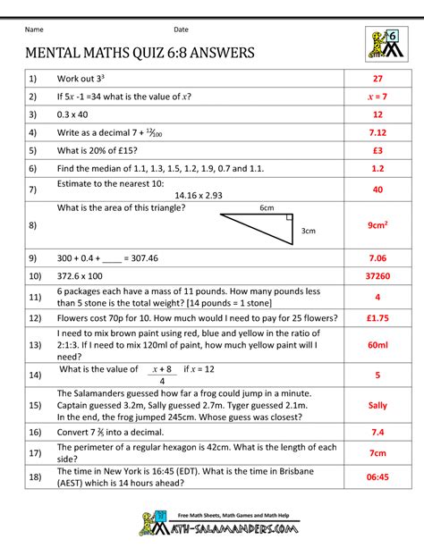 Mental Maths Test Year 6 Answers Doc