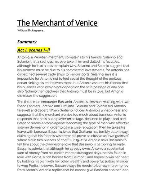 Merchant of Venice Notes Shakespeare Workshop Reader