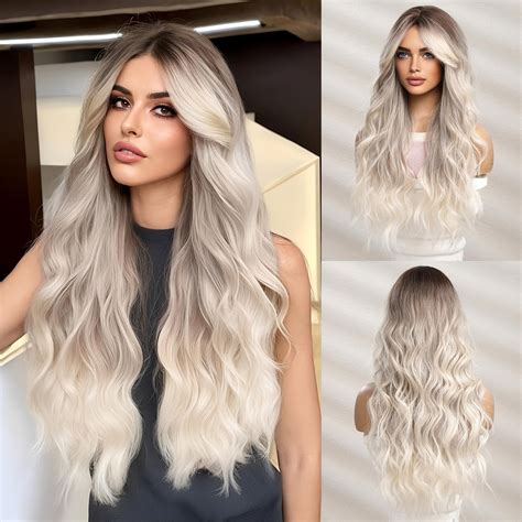 Mesmerizing Platinum Blonde Wonder: Natural Wavy Wig with Dark Roots for Alluring Transformations