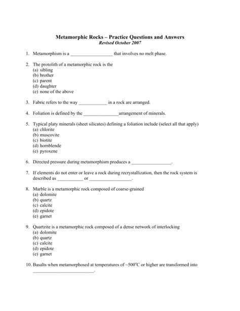 Metamorphic Rock Test Questions And Answers Doc