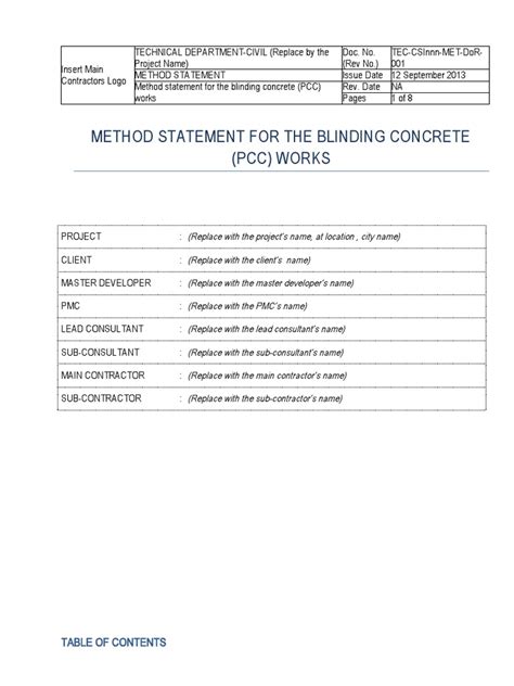 Method Statement For Blinding Pcc Concrete Ebook PDF