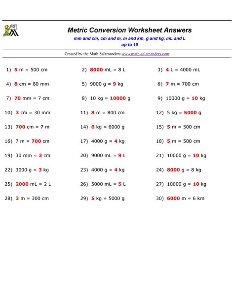 Metric Measurement Conversion Answer Key Doc