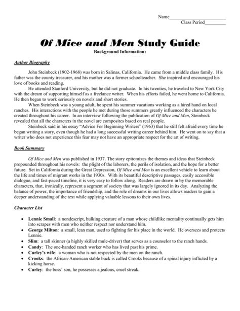 Mice Of Men Study Guide Packet Answer Reader