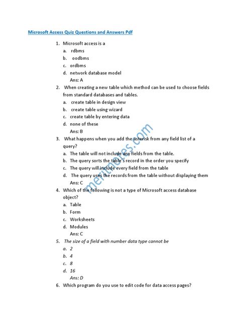 Microsoft Access 2007 Quiz And Answer PDF