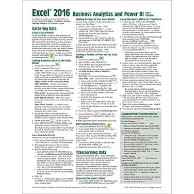 Microsoft Excel 2016 Business Analytics and Power BI Quick Reference Guide 2017 Ed 4-page Cheat Sheet of Instructions Tips and Shortcuts Laminated Guide PDF