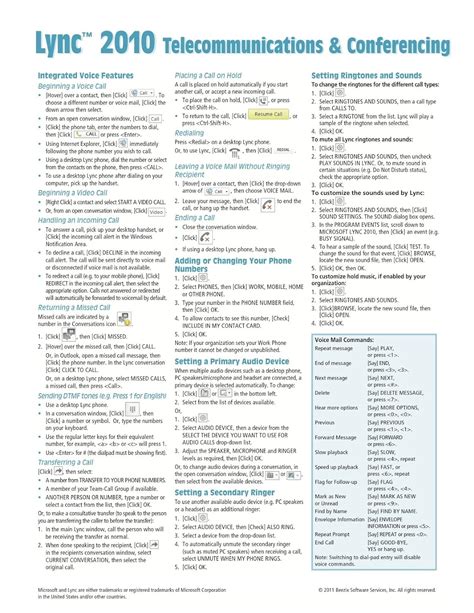 Microsoft Lync 2010 Telecommunications and Conferencing Quick Reference Guide Cheat Sheet of Instructions Tips and Shortcuts Laminated Card PDF