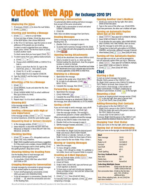 Microsoft Outlook Web App OWA for Exchange 2013 Quick Reference Guide Cheat Sheet of Instructions Tips and Shortcuts Laminated Card Doc