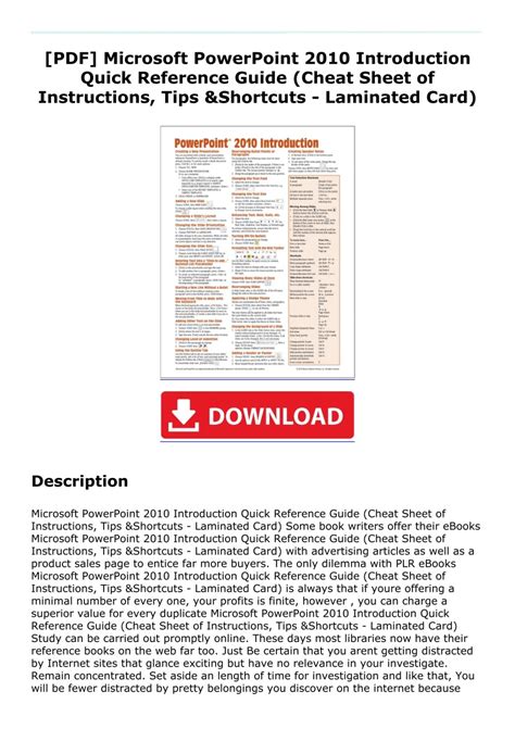 Microsoft PowerPoint 2010 Introduction Quick Reference Guide Cheat Sheet of Instructions Tips and Shortcuts Laminated Card Epub