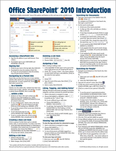 Microsoft SharePoint 2010 Quick Reference Guide Introduction Cheat Sheet of Instructions Tips and Shortcuts Laminated Card PDF