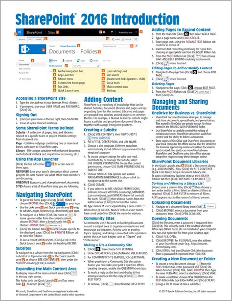 Microsoft SharePoint 2016 Introduction Quick Reference Guide Windows Version Cheat Sheet of Instructions and Tips Laminated Card Doc