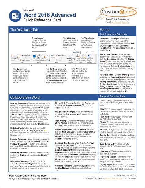 Microsoft Word 2016 Advanced Quick Reference Guide Windows Version Cheat Sheet of Instructions Tips and Shortcuts Laminated Card Epub