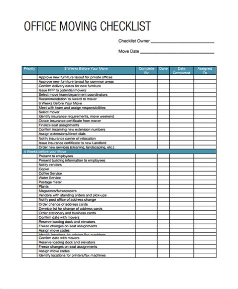Microsoft Word Moving Checklist Template