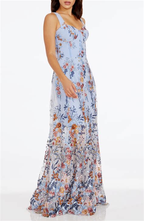 Mila and Rose Floral Embroidered Chiffon Gown: