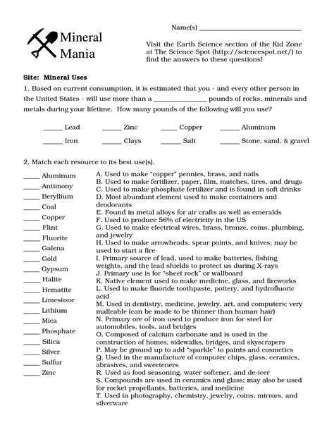 Mineral Mania Answers Key Doc