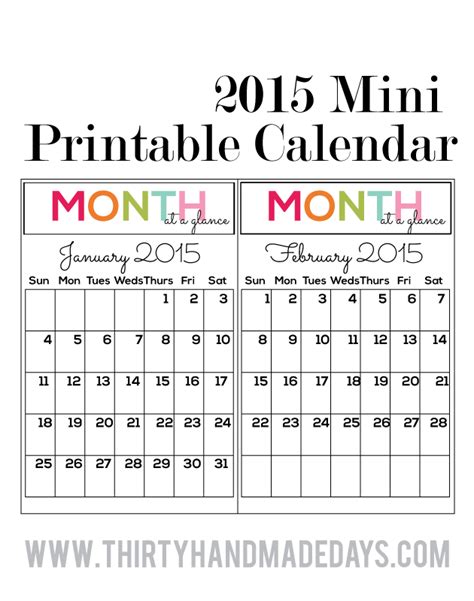 Mini Printable Calendars