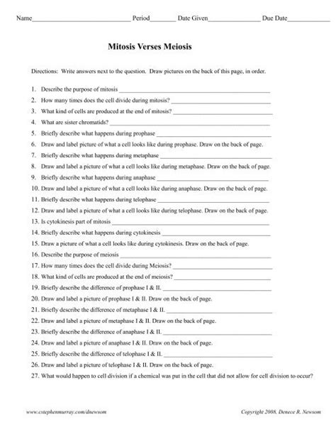 Mitosis Versus Meiosis Worksheet Answer Key Doc