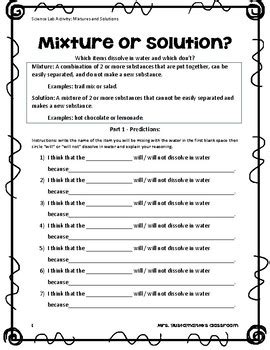 Mixtures And Solutions Worksheets 3rd Grade PDF