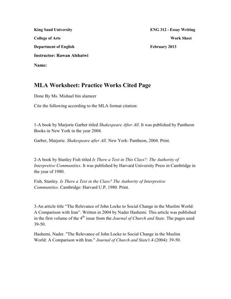 Mla Works Cited Practice Exercise Answers Doc