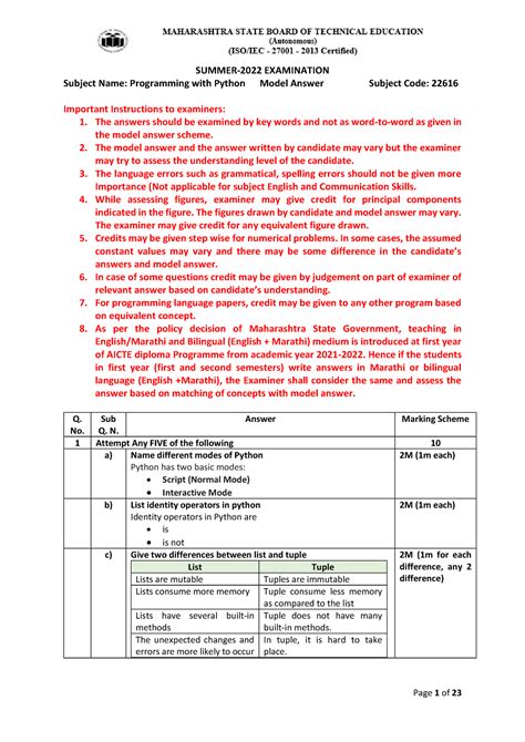 Model Answer For Summer 12 Examination 12232 Kindle Editon