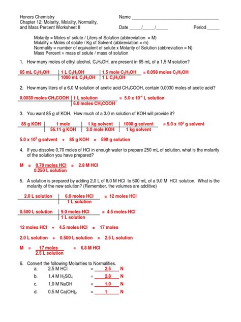 Molality Practice Sheet Answer Key PDF