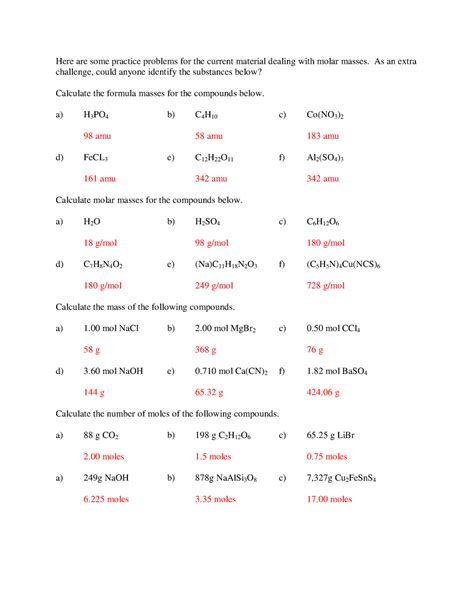 Molar Mass And Percent Composition Worksheet Answers PDF