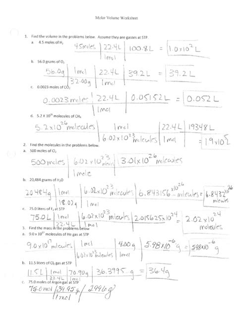 Molar Volume Worksheet Answers PDF