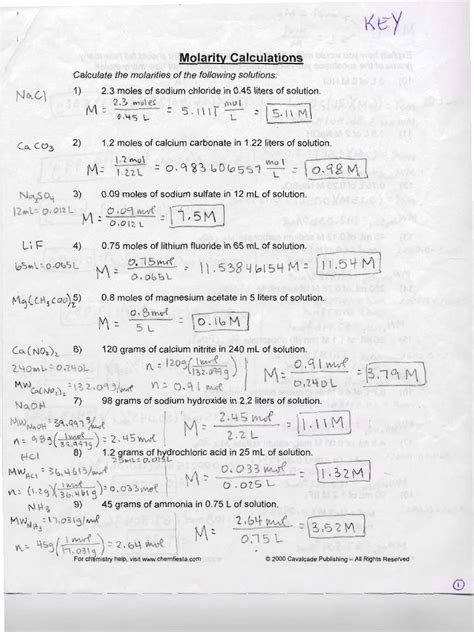 Molarity Calculations Answer Key And Work Reader