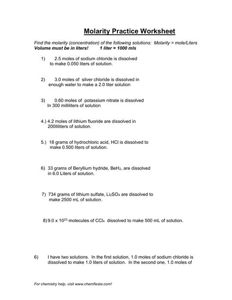 Molarity Worksheet 1 Answers Kindle Editon