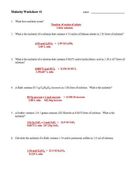 Molarity Worksheet Answer Key PDF