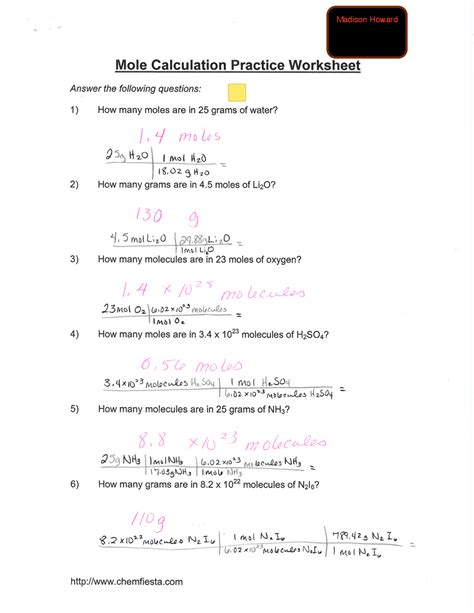 Mole Calculation Answer Sheet Doc