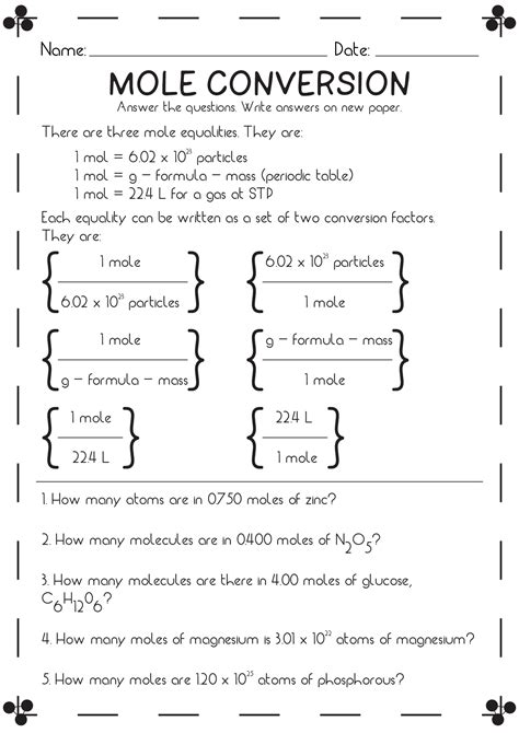 Mole Conversion Problem Worksheet Answers PDF