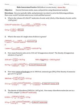 Mole Conversion Review Questions Chemistry Answer Key PDF