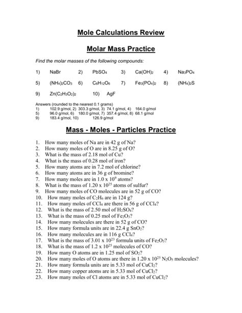 Mole Problems Molar Mass Answers PDF