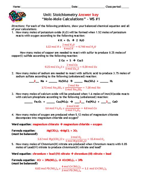 Mole To Stoichiometric Calculations Worksheet Answers Reader