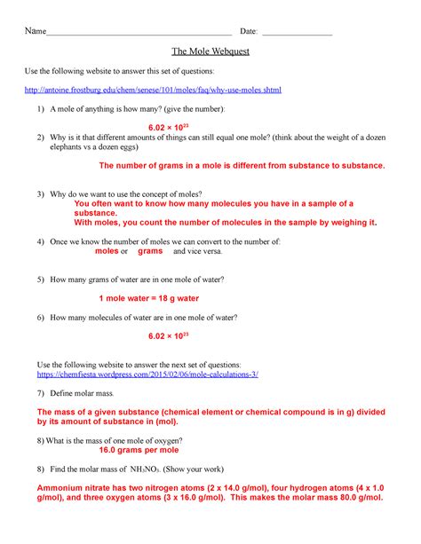 Mole Webquest Answer Key Doc