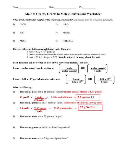Mole Worksheet 1 Moles To Particles Answers Doc