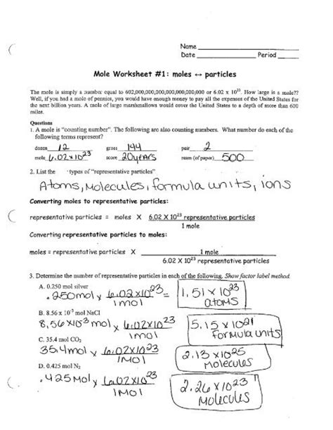 Mole Worksheet 1 Moles To Particles Answers Doc