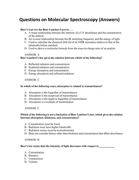 Molecular Spectroscopy Question And Answer Reader