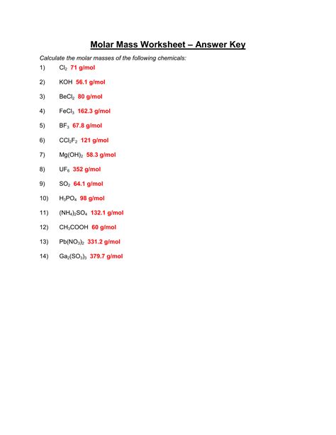 Moles And Mass Worksheet Answer Key Doc