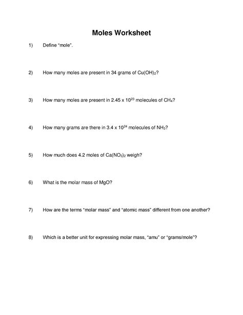 Moles Molecules Grams Worksheet Answer Key Work PDF