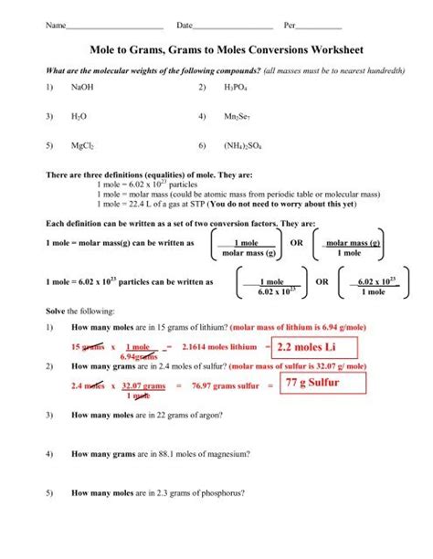 Moles Worksheet Answer Key Epub