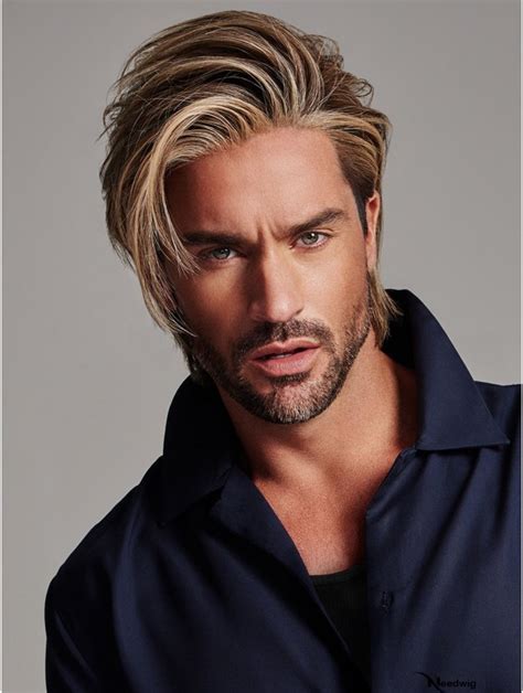 Monofilament Blonde Straight Synthetic Medium Brushed Up Men Wigs