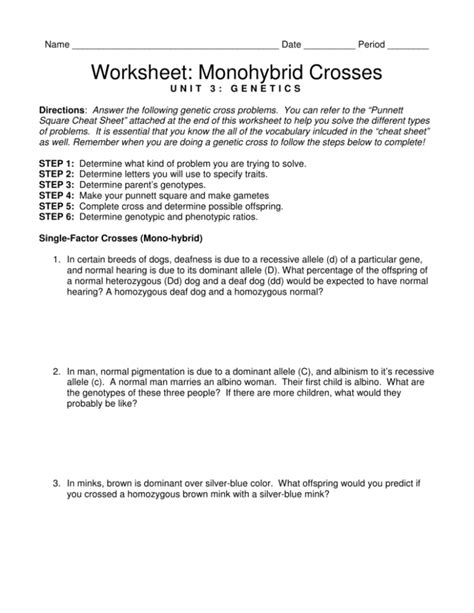 Monohybrid Crosses Unit 3 Genetics Answer Key Epub