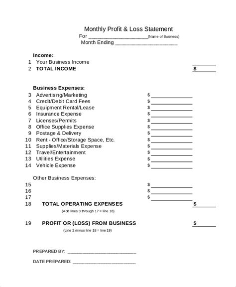 Monthly Profit And Loss Statement Template