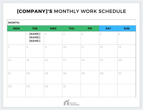 Monthly Work Schedule Template Free