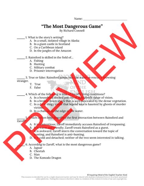 Most Dangerous Game Quiz Answers 1 Reader