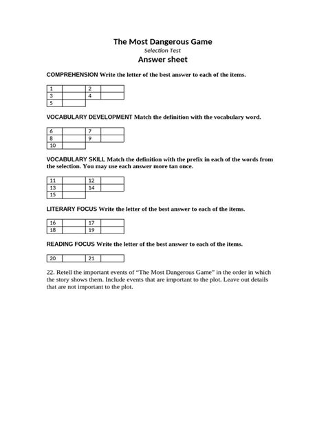 Most Dangerous Game Selection Test Answer Key Doc