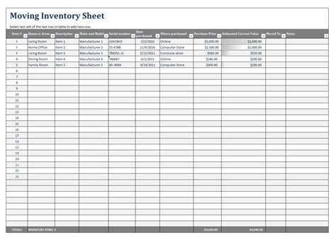 Moving Inventory Template