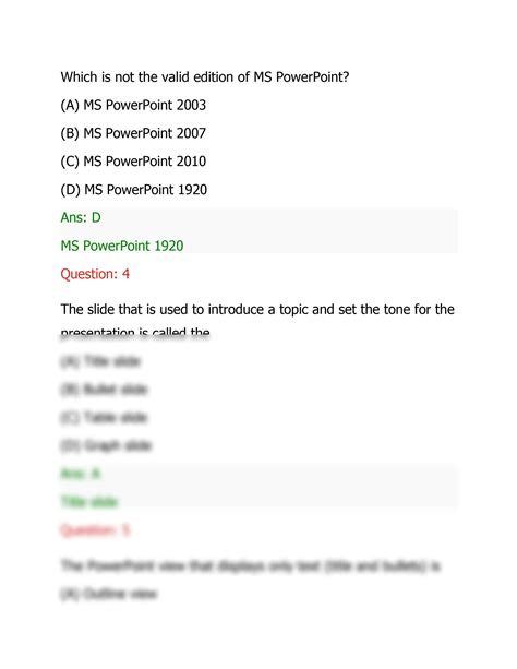 Ms Powerpoint Objective Questions And Answers Doc