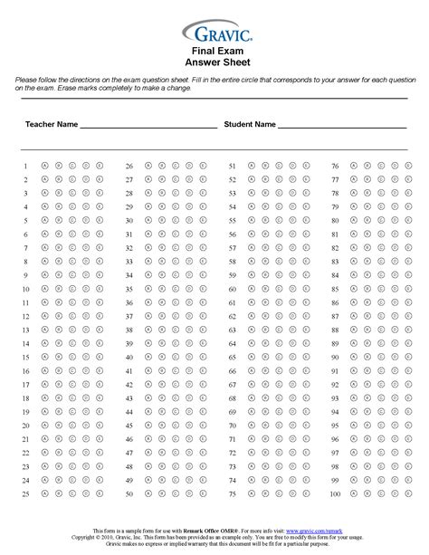 Multiple Choice Answer Sheet 100 Questions Reader